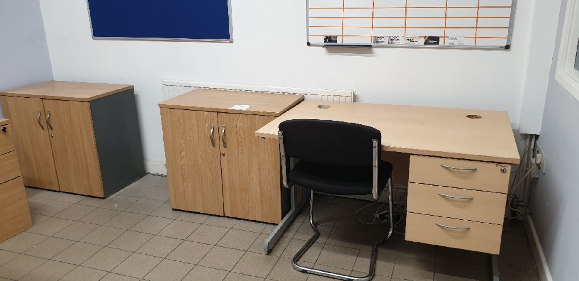 Single pedestal desk, 2 - double door cupboards and sledge chair