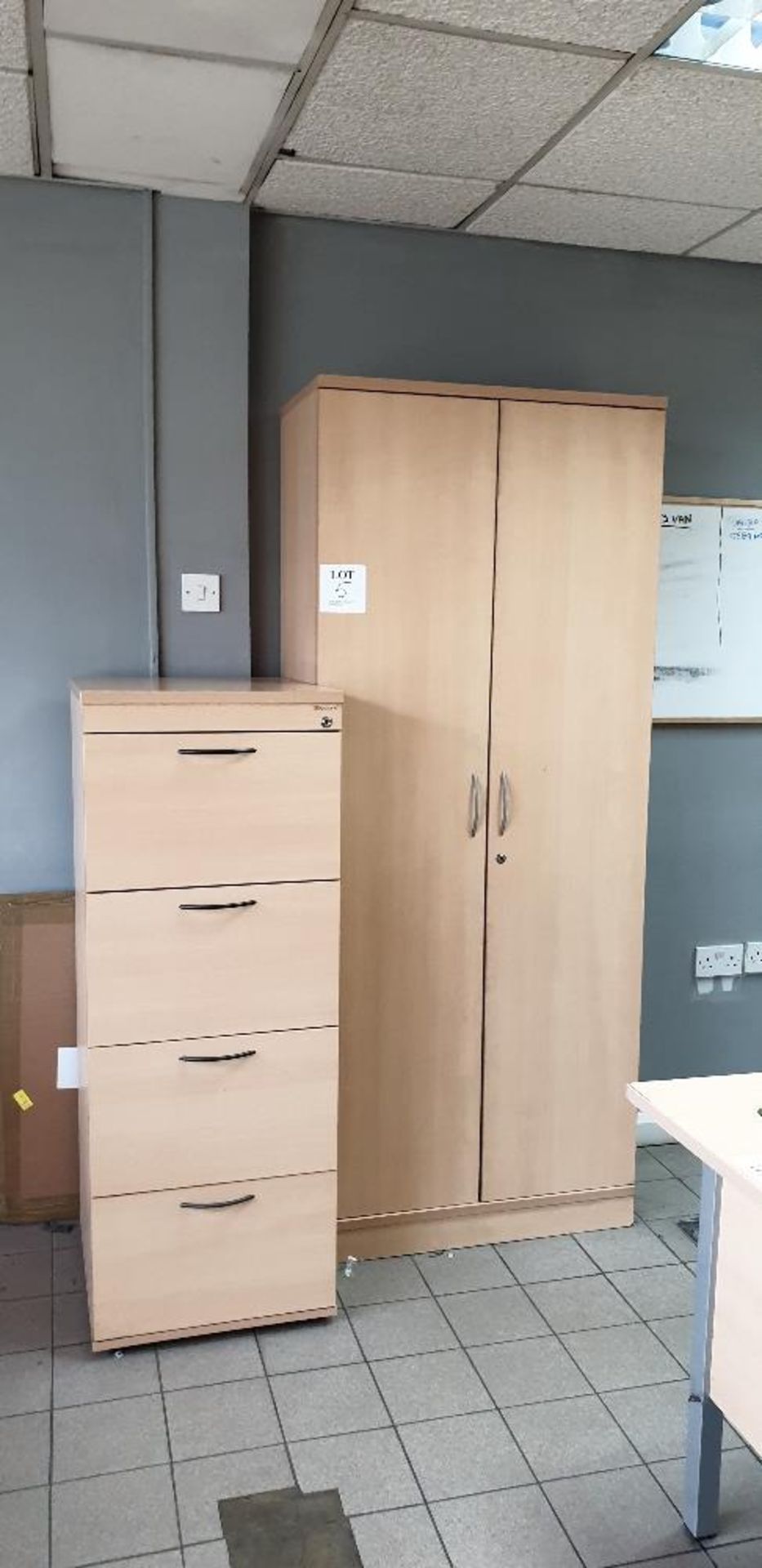 Wooden double door cupboard and 4 drawer filing cabinet