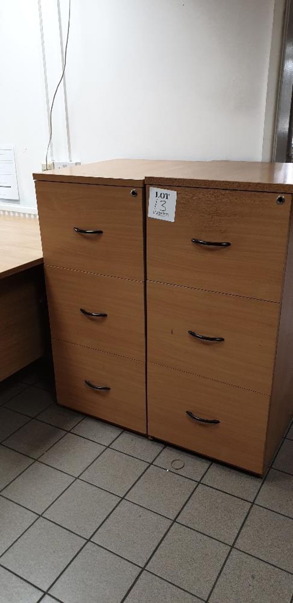 2 - wooden three drawer filing cabinets