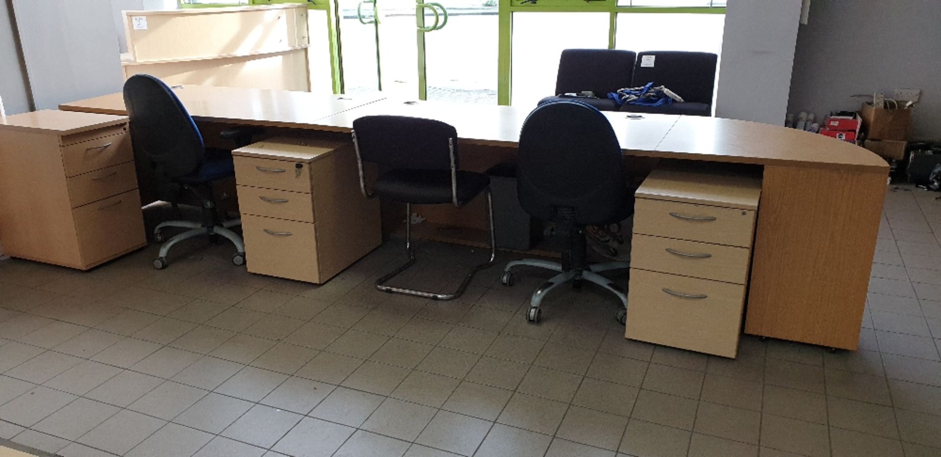 2 - desk, one with return, 3 - three drawer desk pedestals and 3 - chairs - Image 2 of 2