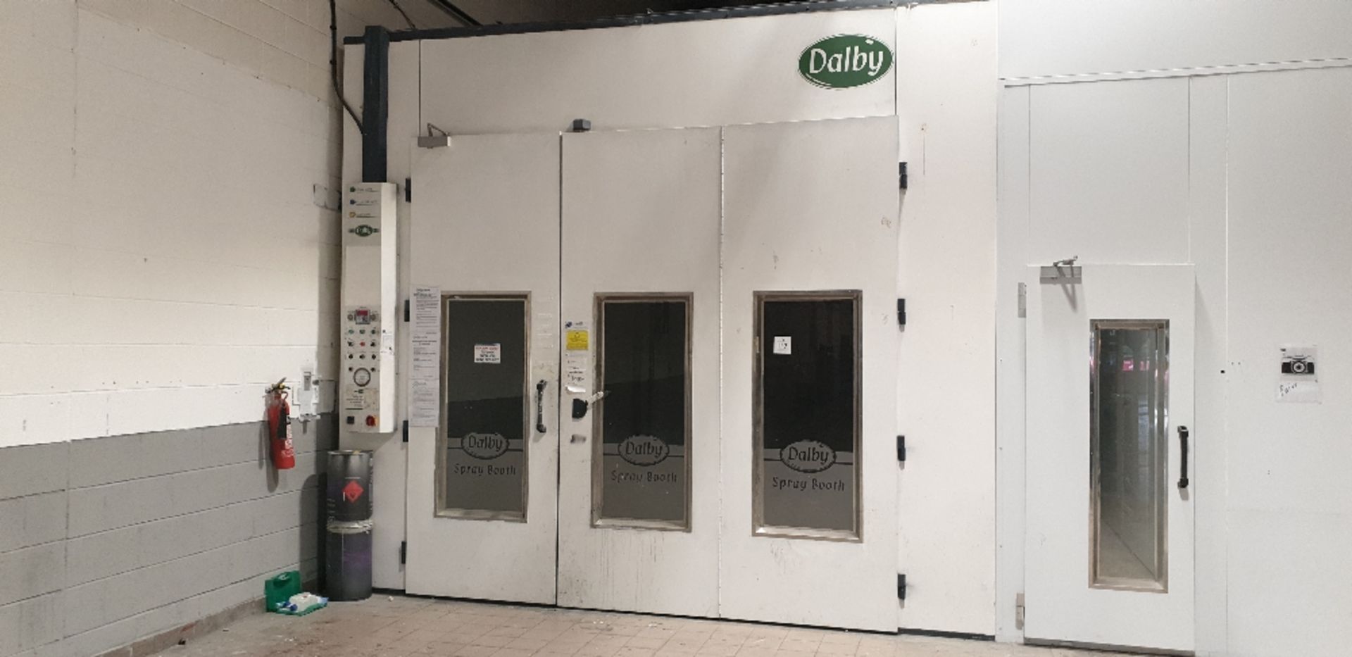 Dalby spray bake booth with rear and ceiling extraction (internal dimension 4m x 8m) with single and