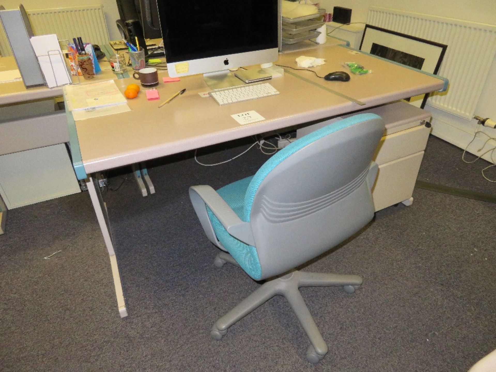 Grey (Pink) & Blue Trim Melamine Desk c/w Pedestal & Swivel Chair