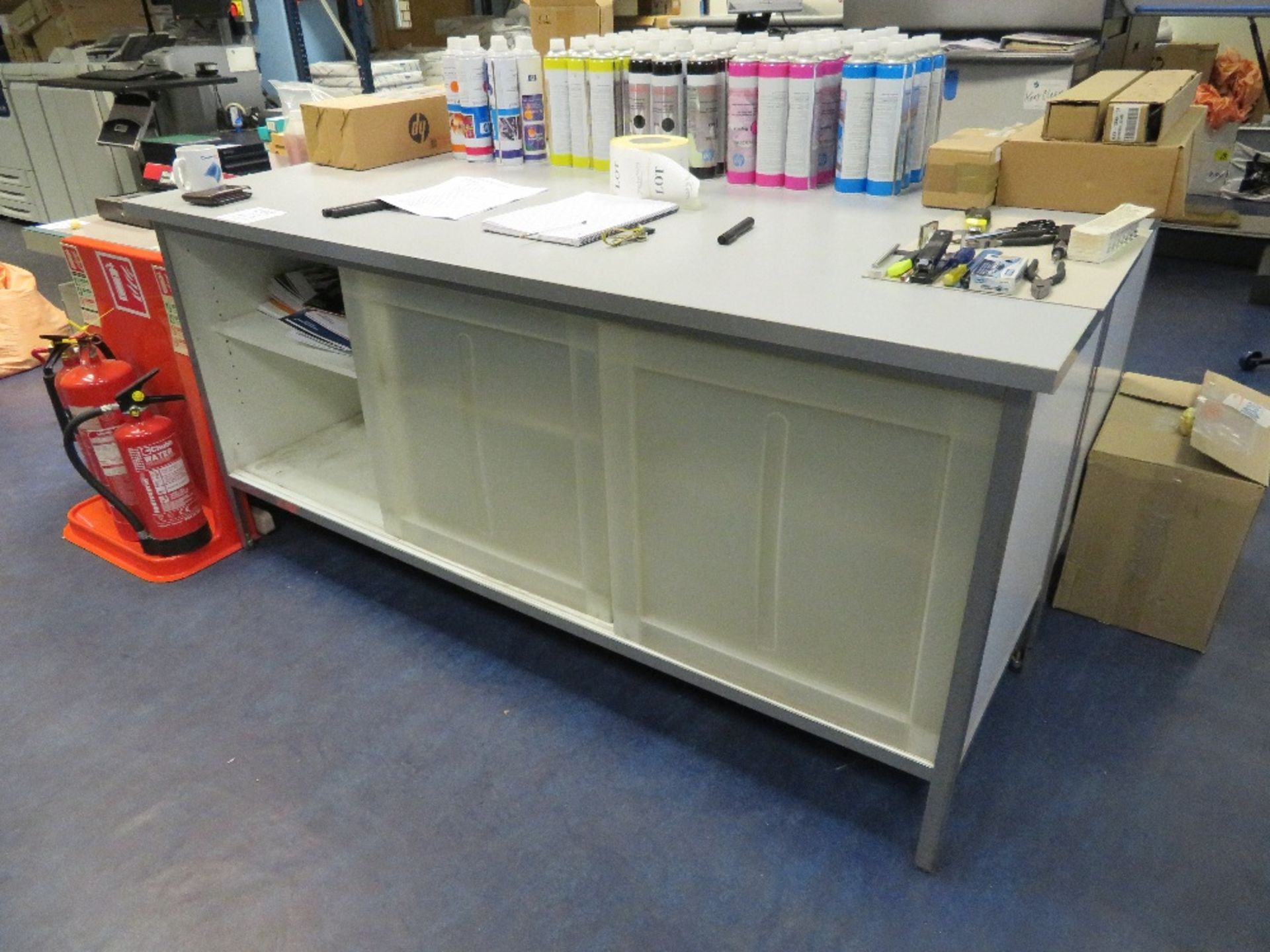 2x Grey Melamine Workbenches c/w Plastic Sliding Doors