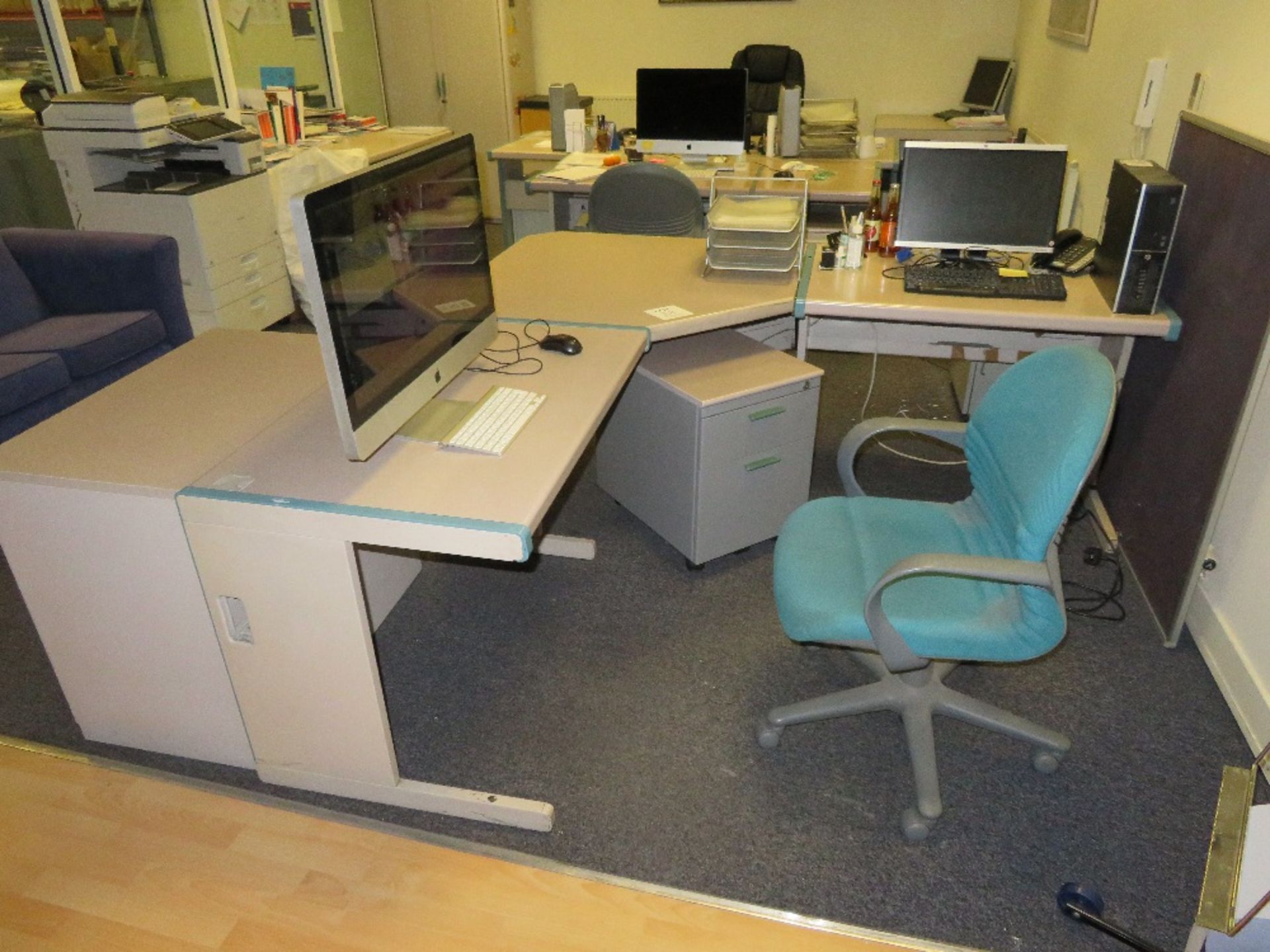 Grey (Pink) & Blue Trim Melamine L-Shape Desk c/w Swivel Chair, Pedestal & 2 Door Desk Height