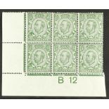 GB.GEORGE V 1912 ½d green, wmk Multiple Cypher reversed (SG 346wj) corner block of 6 with control