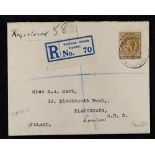 FALKLAND IS. 1929 (20 Apr) env registered to London bearing 1921-28 1s deep ochre (SG 79) tied