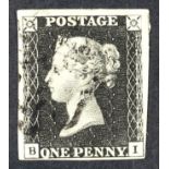 GB.PENNY BLACKS 1840 1d black 'BI' plate 7, SG 2, very fine used with 4 margins & neat black MC