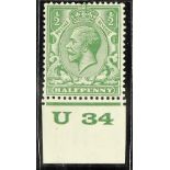 GB.GEORGE V 1924-26 ½d dull yellow green Waterlow printing U34 control single, lightly hinged