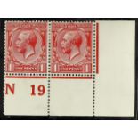 GB.GEORGE V 1912-24 1d deep carmine- red, SG Spec N16 (13) mint pair from the lower- right corner