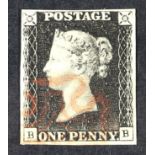 GB.PENNY BLACKS 1840 1d black 'BB' plate 5, SG 2, very fine used with 4 margins & neat red MC