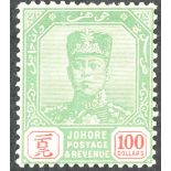 MALAYA STATES JOHORE 1922 $100 green and scarlet, wmk Mult Script CA, SG 127, mint large part OG