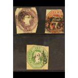 GB.QUEEN VICTORIA 1847-54 6d purple, 10d brown & 1s green embossed (SG 55, 57 & 60), used, damaged