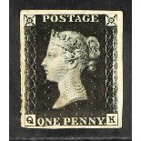 GB.PENNY BLACKS 1840 1d black 'QK' plate 6 with re-entry, SG 2, used with 4 margins & pale red MC