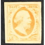 NETHERLANDS 1852 15c orange- yellow imperf, SG 3b (NVPH 3), mint part OG with 4 margins. Toned on