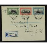 FALKLAND IS. 1934 (11 Apr) env registered to London bearing Centenary ½d, 1d & 1½d values tied SOUTH