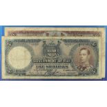 PAPER MONEY FIJI 1937 5shilling & 1938 10shilling notes. Pick 29a/30a, very good (2 notes)