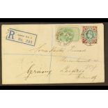 GB.EDWARD VII 1908 (3 June) env reg to Germany, bearing ½d QV postal stationery cut-out & 4d KEVII