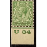 GB.GEORGE V 1924-26 ½d dull yellow green Waterlow printing U34 control single, lightly hinged