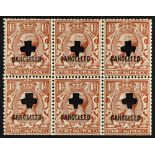 GB.GEORGE V 1924 1½d red-brown overprinted "CANCELLED" with punch, Spec N35(1)x, pane of 6 - these