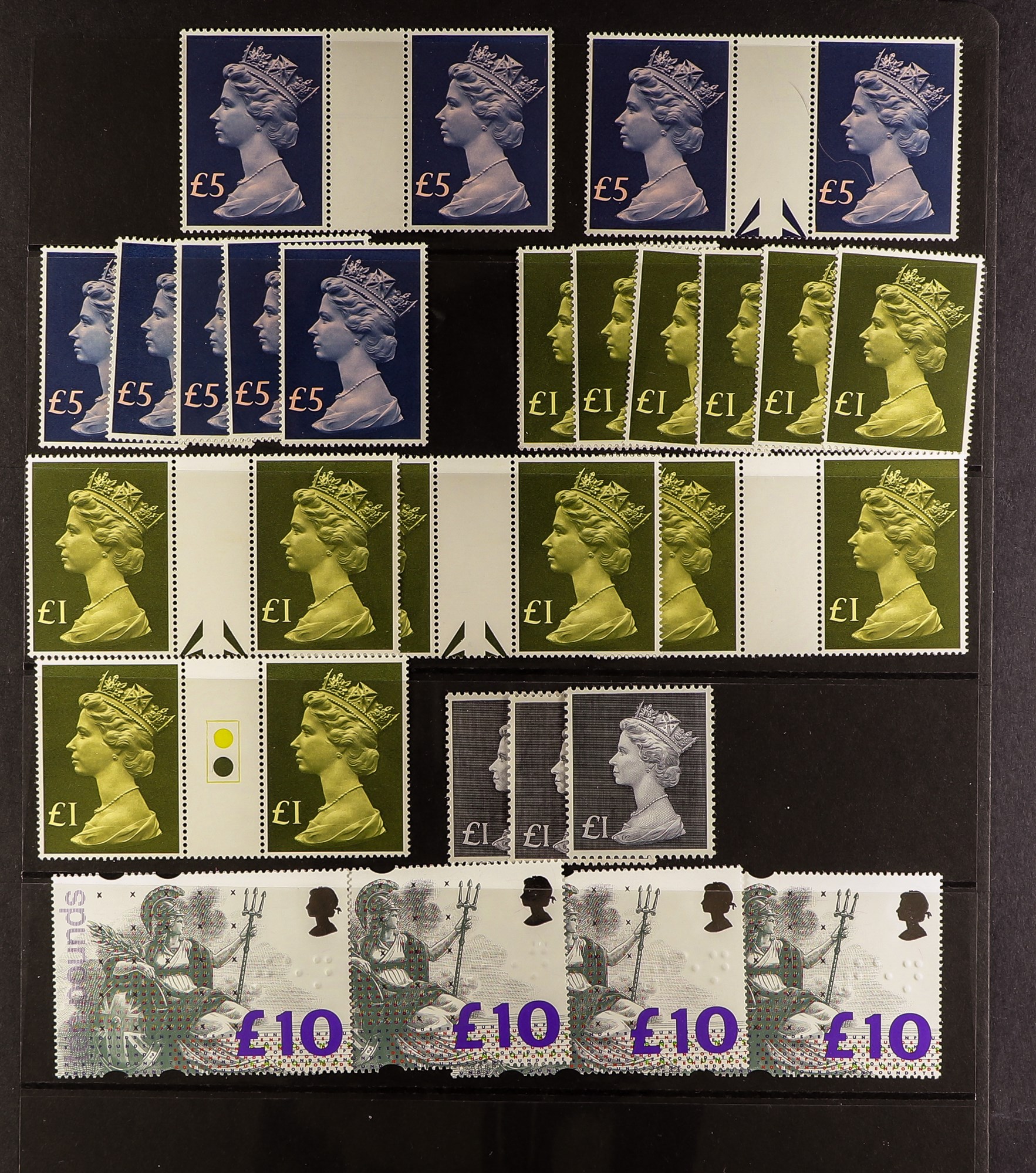 GB.ELIZABETH II DECIMAL STAMPS, FACE VALUE £505. Never hinged mint stamp high value selection.