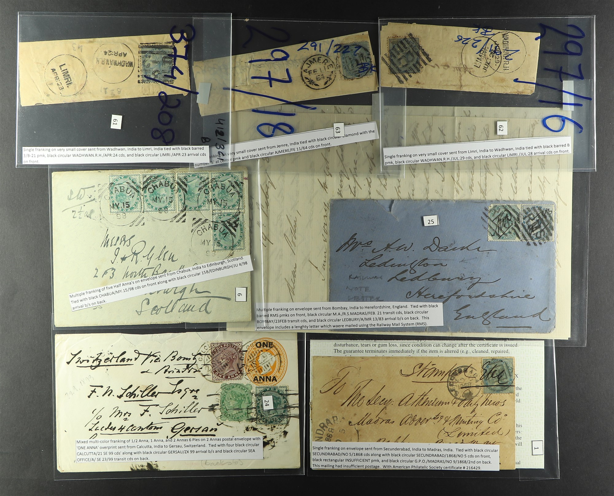 INDIA 1864 - 1899 COVERS GROUP. 11 covers in sleeves all bearing British India stamp frankings, each