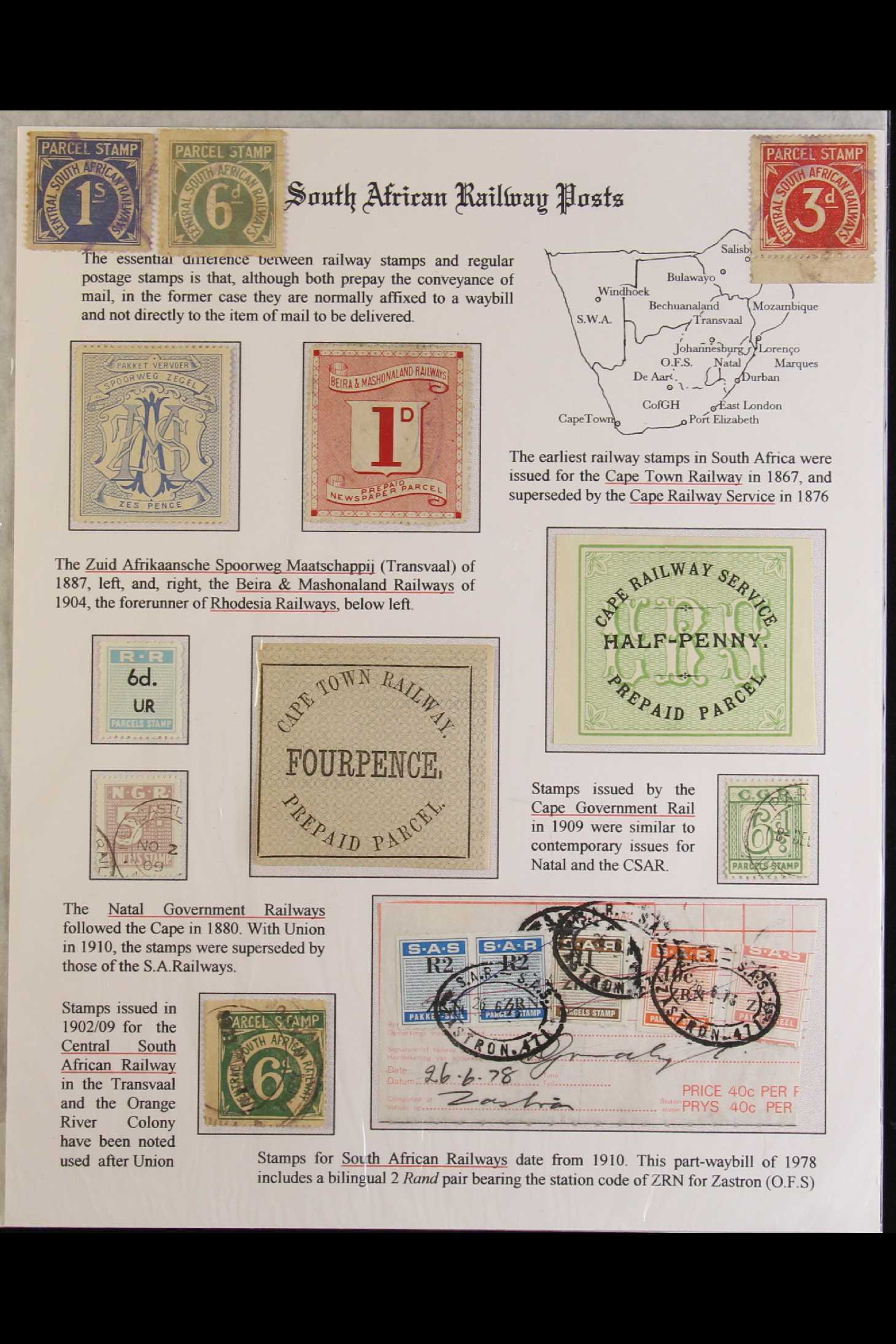 SOUTH AFRICA RAILWAY PARCEL STAMPS 1867 - 1978 attractive group on an exhibition page, includes 1867