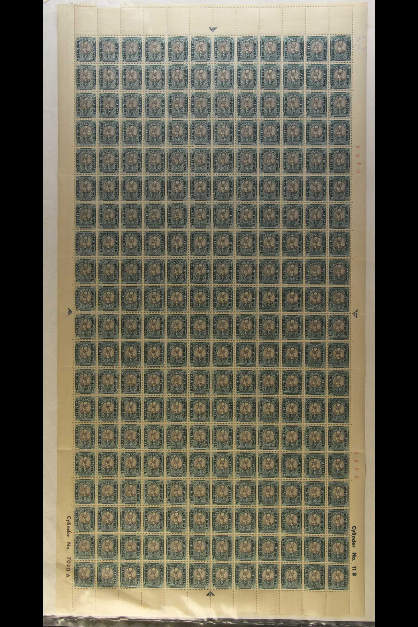 SOUTH AFRICA OFFICIALS 1949-50 ½d grey & green with entire design screened, complete sheet of 240 (