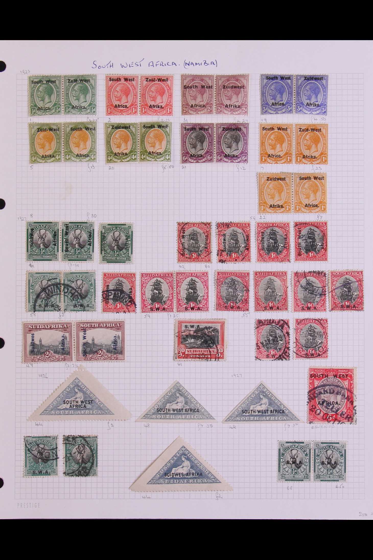 SOUTH WEST AFRICA 1923 - 1990's COLLECTION of mint & used on leaves, 1923 opts to 4d & 1s pairs