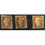 GB.QUEEN VICTORIA 1841 1d red-browns (3) with fine "1" "6" & "11" IN MALTESE CROSS cancellations (SG