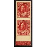 CANADA 1924 3c carmine imperf Admiral (SG 261) vertical pair with LATHEWORK in lower sheet