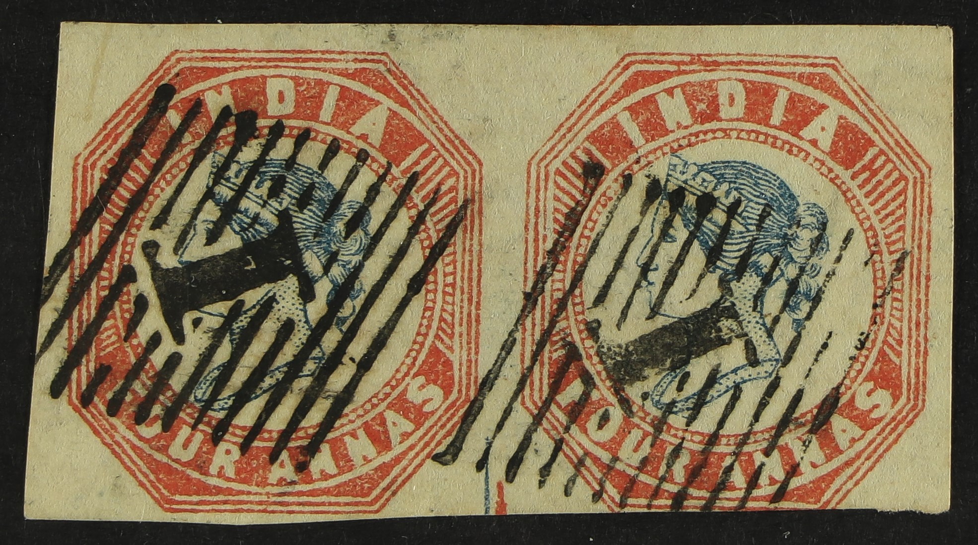 INDIA 1854-55 4a blue and red 4th printing, SG 23, used PAIR with full margins just touching at base