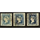 INDIA 1854-55 ½a Die II blue, deep blue & indigo shades, SG 6/7, used each with 4 margins. Cat £
