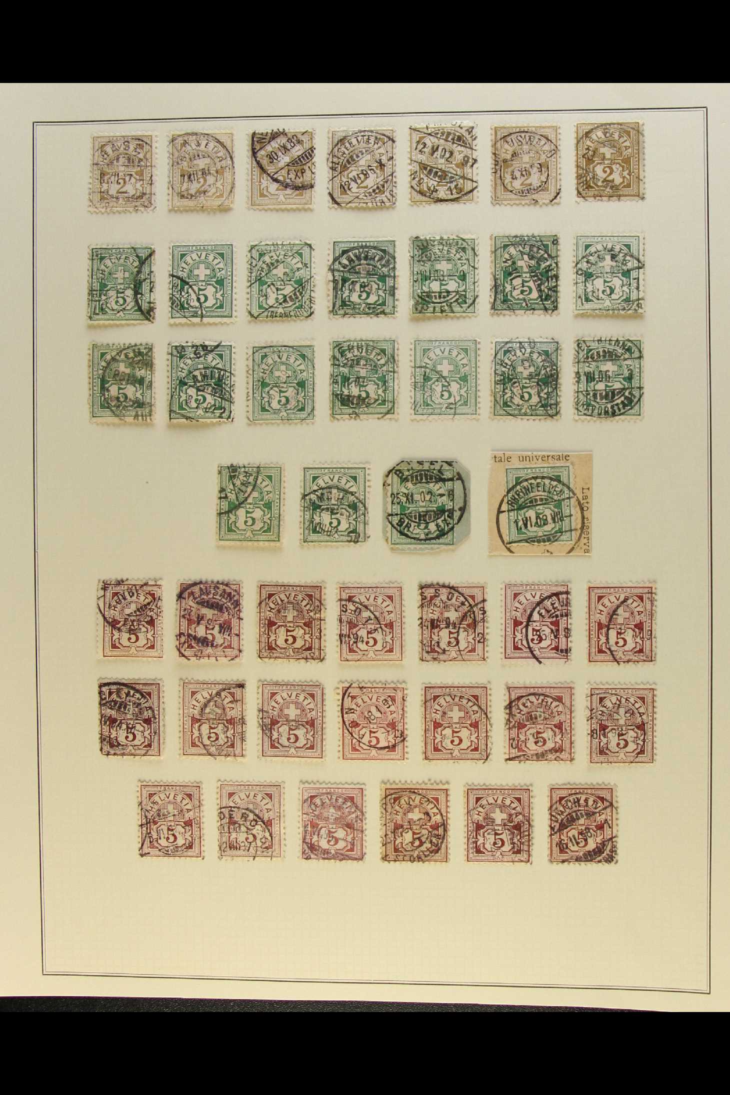 SWITZERLAND 1882 - 1889 'CROSS' TYPES. A collection of used stamps on leaves, inc 1882 white paper - Image 4 of 5