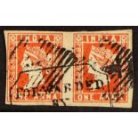 INDIA 1854-55 1a dull red Die II, SG 13, used pair with 4 margins cancelled with light Bombay