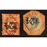 ADEN INDIA USED IN ADEN 1854 1a red (Die I) and 4a blue and red (Die II) cut to shape, both full "