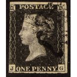 GB.PENNY BLACKS 1840 1d black 'JG' plate 10 on thin paper, Spec AS66i, used with 3 margins, corner