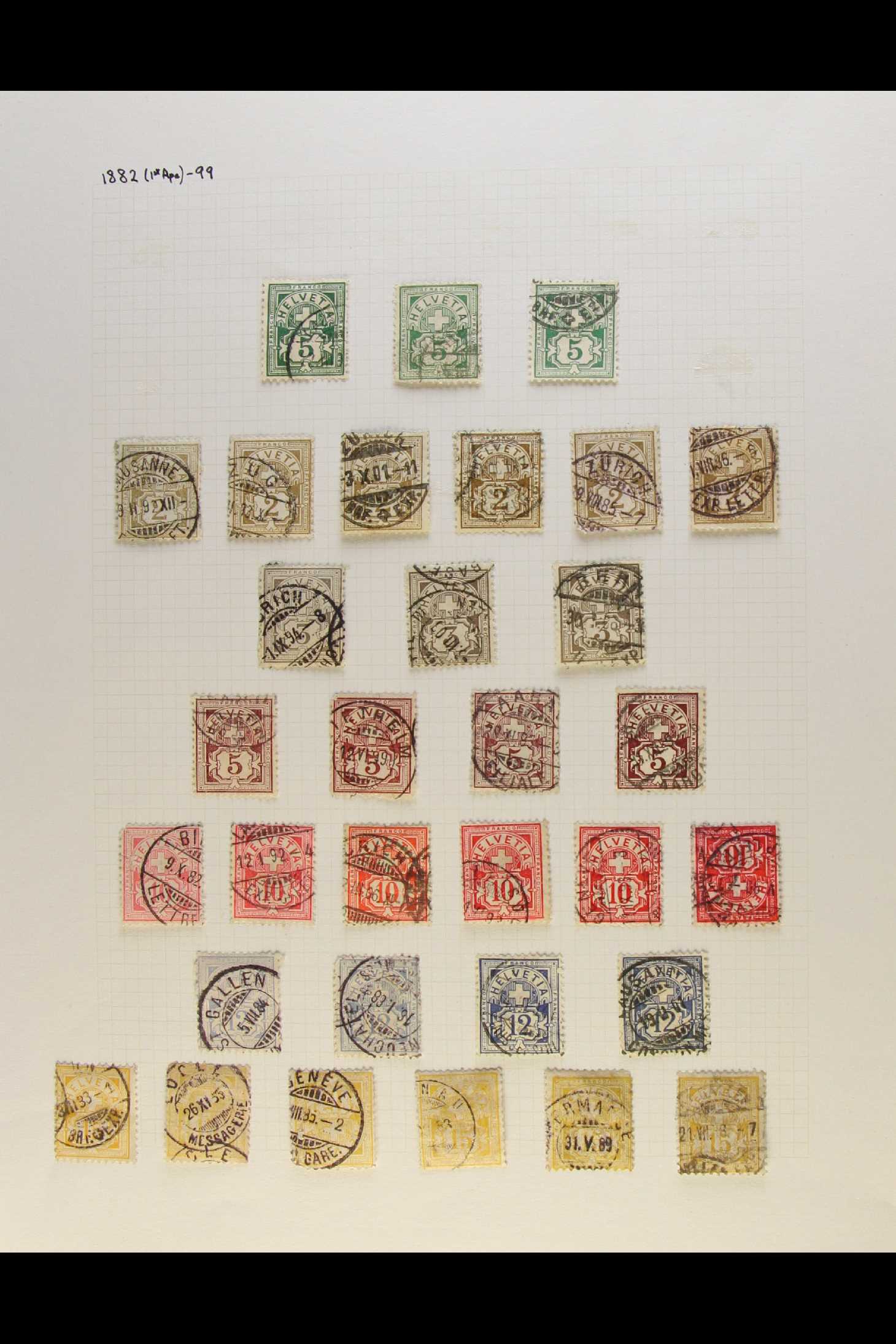 SWITZERLAND 1882 - 1889 'CROSS' TYPES. A collection of used stamps on leaves, inc 1882 white paper - Image 3 of 5