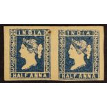 INDIA 1854-55 ½a blue Die II, SG 6, unused PAIR with 4 margins, the left stamp with prominent