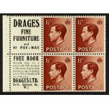 GB.EDWARD VIII 1936 1½d booklet pane with 'Drages 50 pay-way / Free book' advert labels, inverted