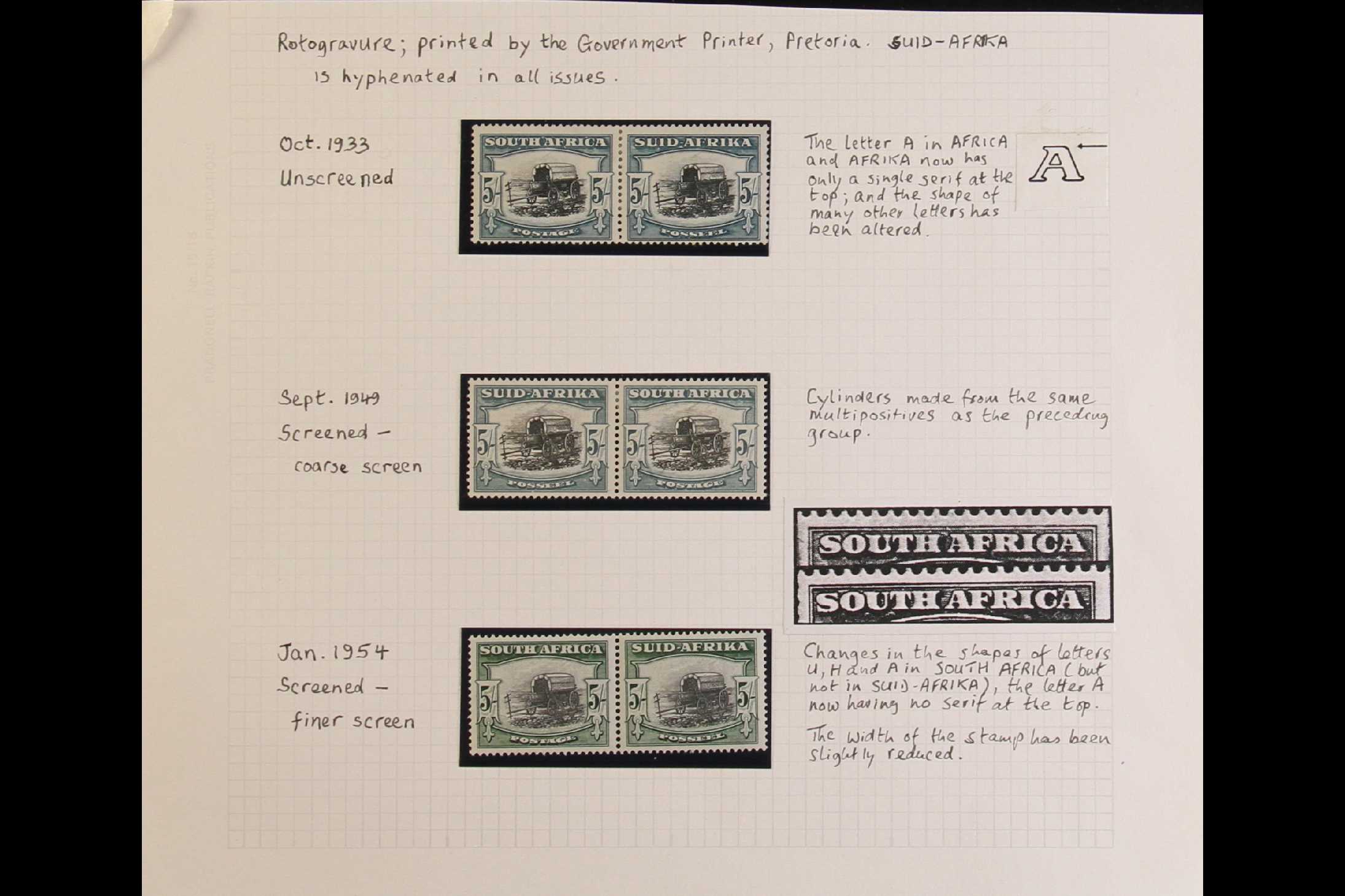 SOUTH AFRICA 1933 - 1954 5s COVERED WAGON ISSUES Mint pairs including 1933 unscreened blue green,