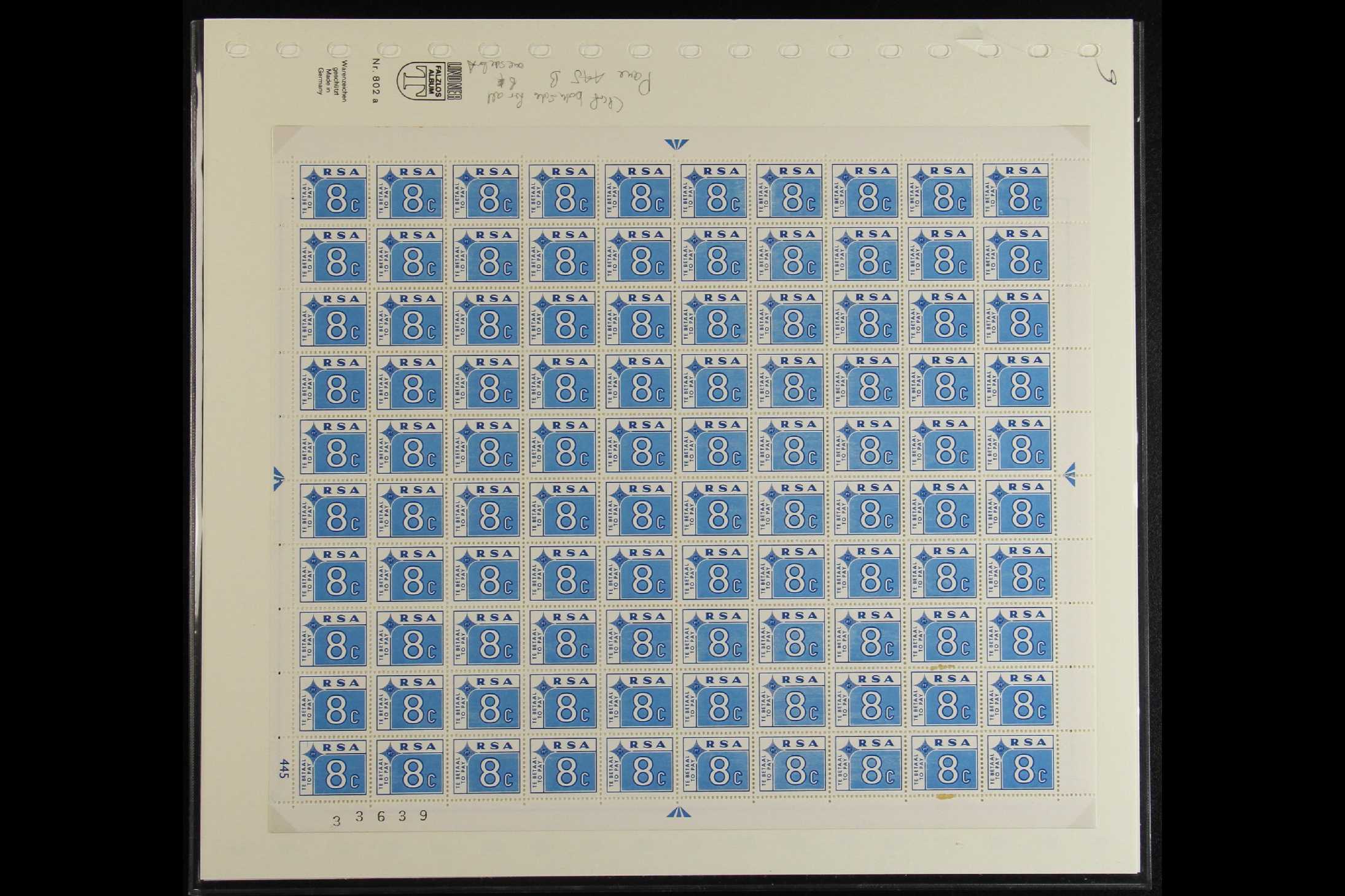 SOUTH AFRICA POSTAGE DUES 1972 complete set, SG D75/80, complete sheet 100 never hinged mint, - Image 5 of 7