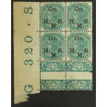 INDIA OFFICIAL OFFICIAL 1878-82 4a green (Die II), SG O34, block 4 from the lower-left corner of the