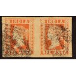 INDIA 1854-55 1a dull red Die III (from positions 26-27), SG 16, used PAIR with 4 margins &