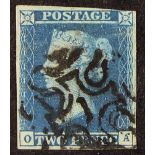 GB.QUEEN VICTORIA 1841 2d blue 'OA' plate 3 with fine " 1 " IN MALTESE CROSS cancellation (SG 14f)