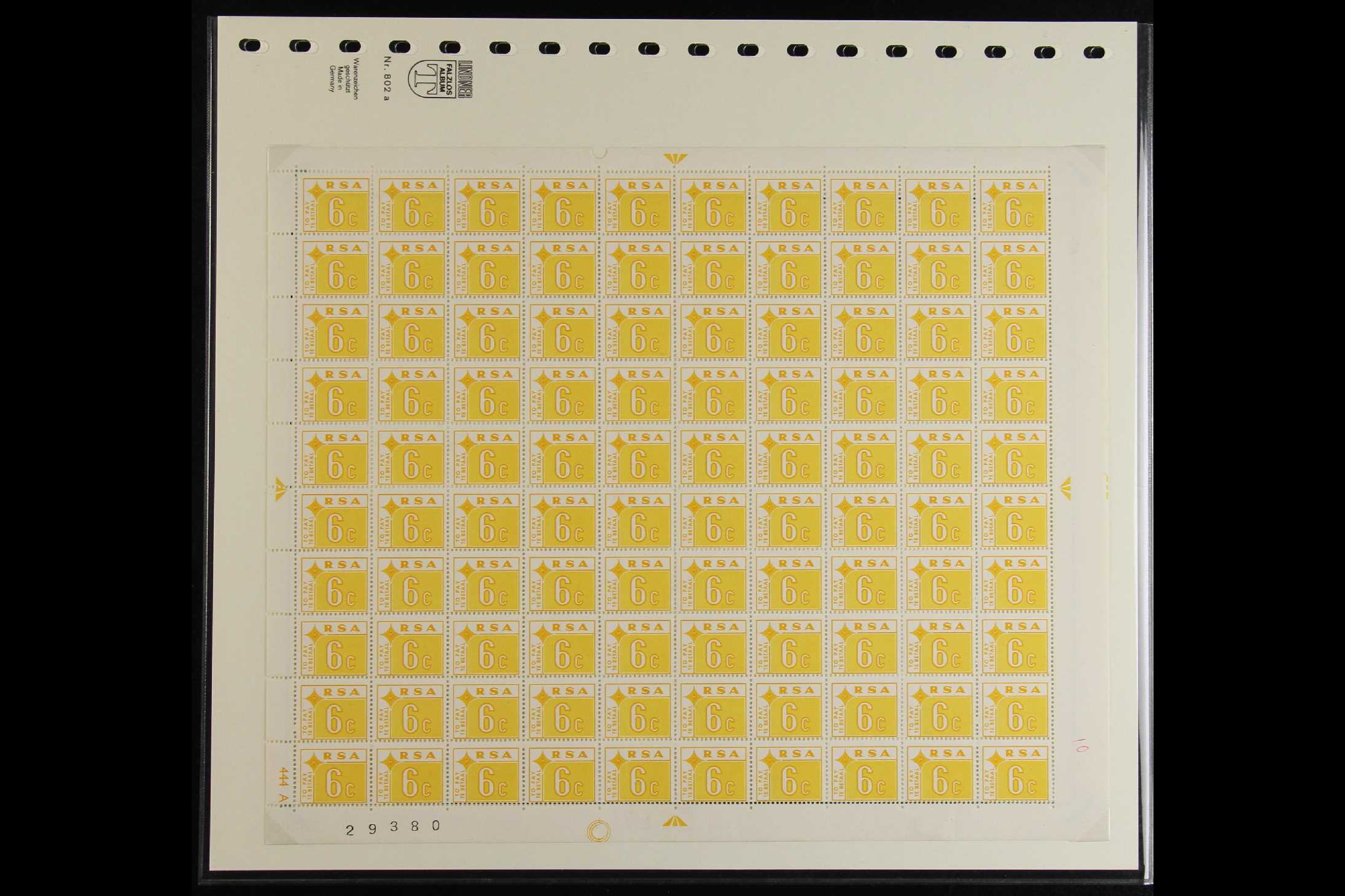 SOUTH AFRICA POSTAGE DUES 1972 complete set, SG D75/80, complete sheet 100 never hinged mint, - Image 4 of 7