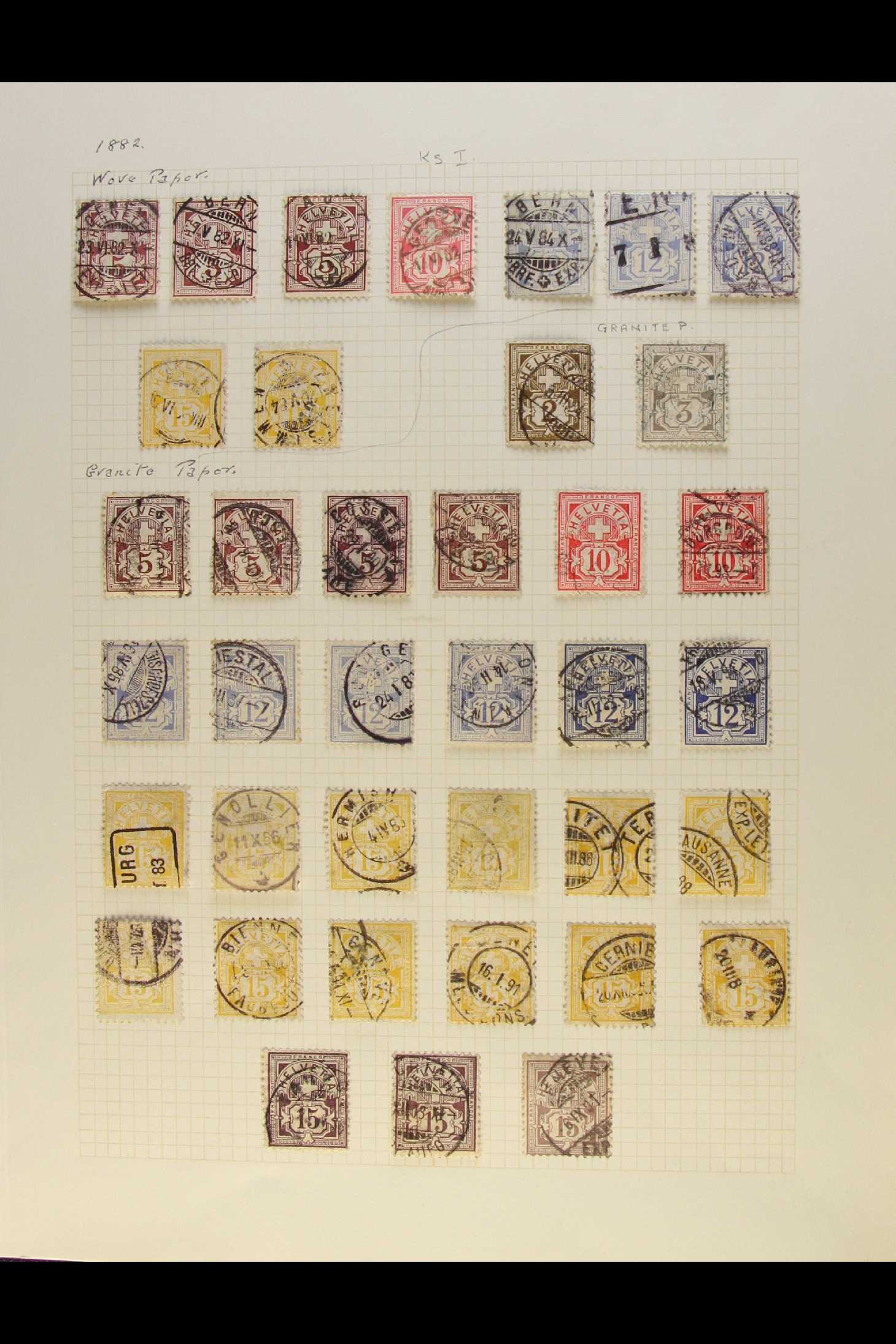 SWITZERLAND 1882 - 1889 'CROSS' TYPES. A collection of used stamps on leaves, inc 1882 white paper