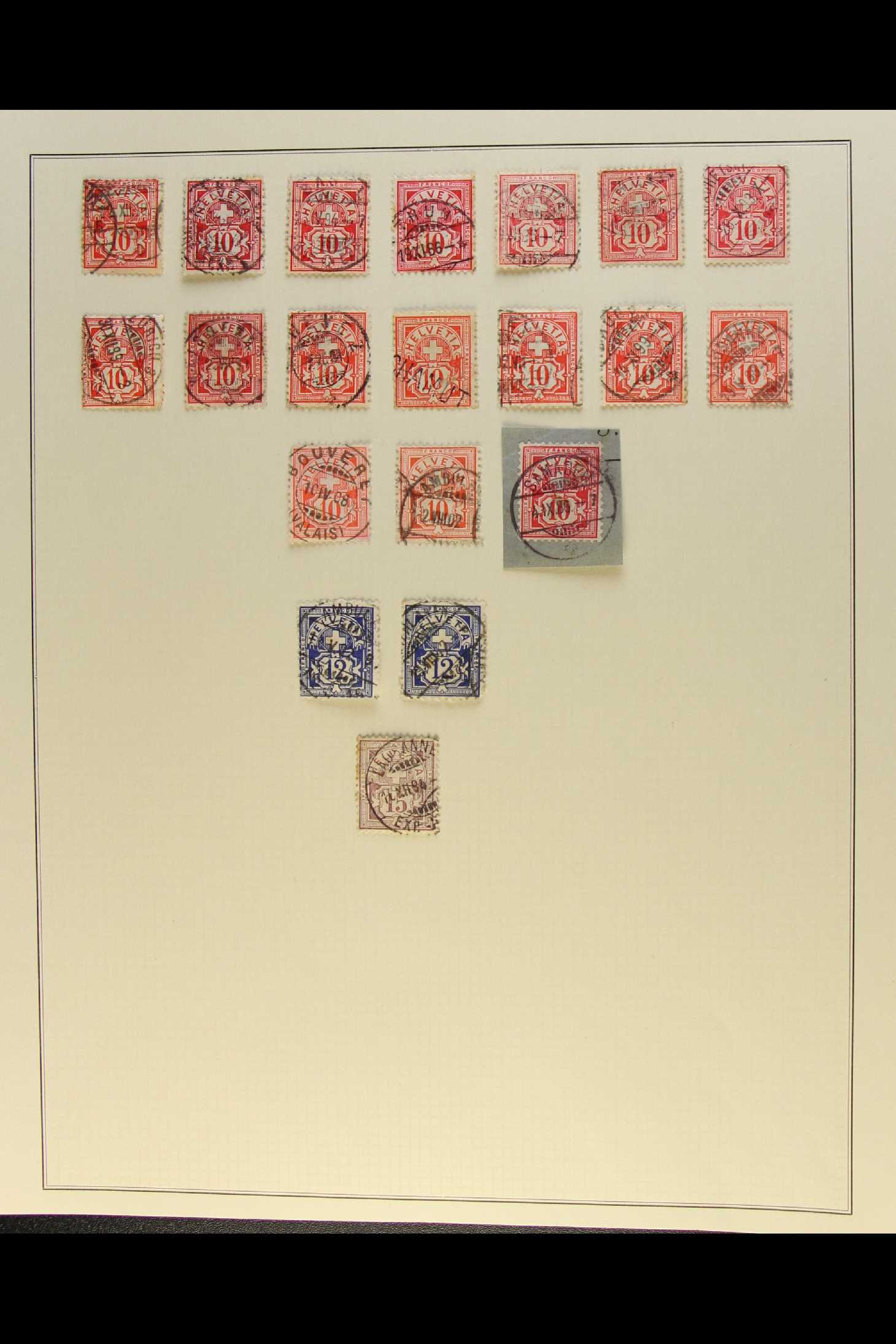 SWITZERLAND 1882 - 1889 'CROSS' TYPES. A collection of used stamps on leaves, inc 1882 white paper - Image 5 of 5