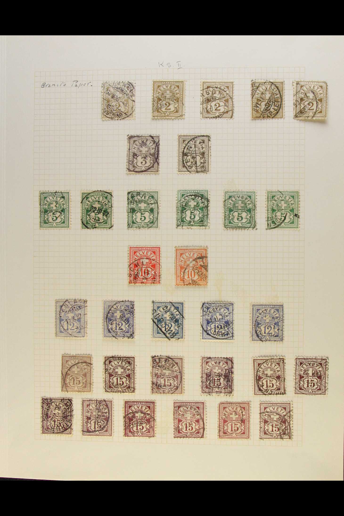 SWITZERLAND 1882 - 1889 'CROSS' TYPES. A collection of used stamps on leaves, inc 1882 white paper - Image 2 of 5