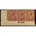 GB.GEORGE V 1924-26 1½d chestnut as corner strip 3 with 'B24' control, the right-hand stamp with '