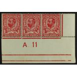 GB.GEORGE V 1911 1d carmine die B (SG 330) SG Spec N8(1) corner strip 3 with 'A.11' control shows